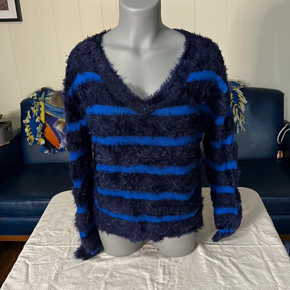 Splendid Blue Fuzzy Stripped Sweater in Size Large